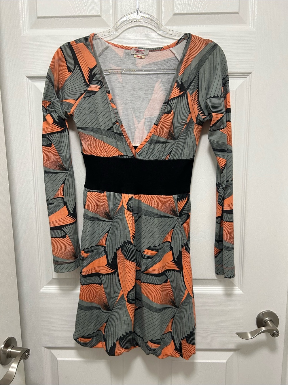 Miss Sixty Long Sleeve V-Neck Dress in Coral and Gray with Black Waist